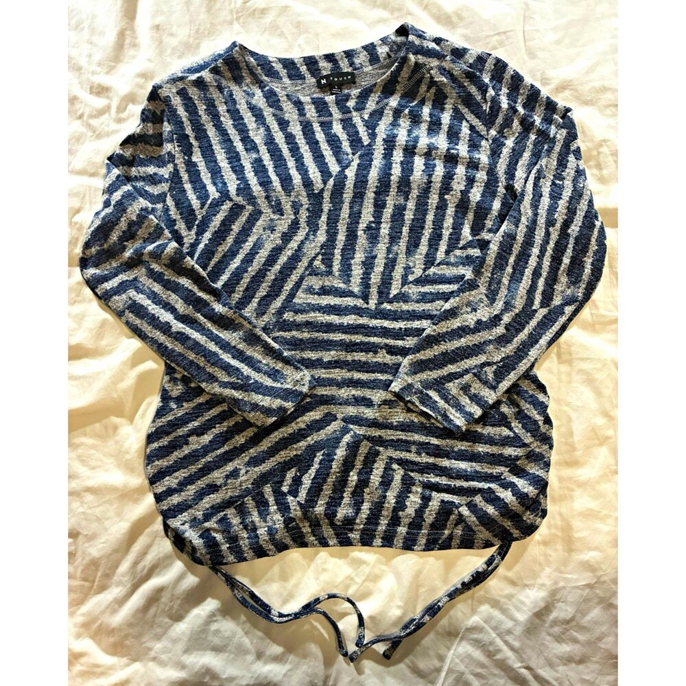 N Touch Women's Blue/Gray Striped Knit Round Neck Ruched Drawstring Top L